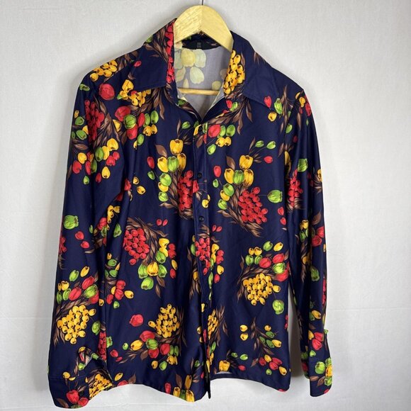 Vintage 70s Dale Polyester Leisure Shirt Fruit Print Navy Men’s Large Disco - Picture 1 of 6